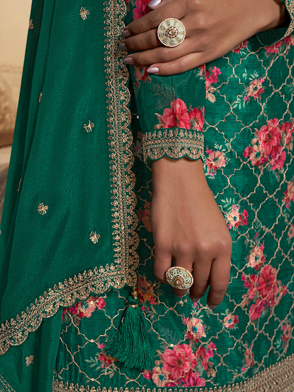 Green Digital Floral Printed Embroidered Sharara Suit Set Product vendor