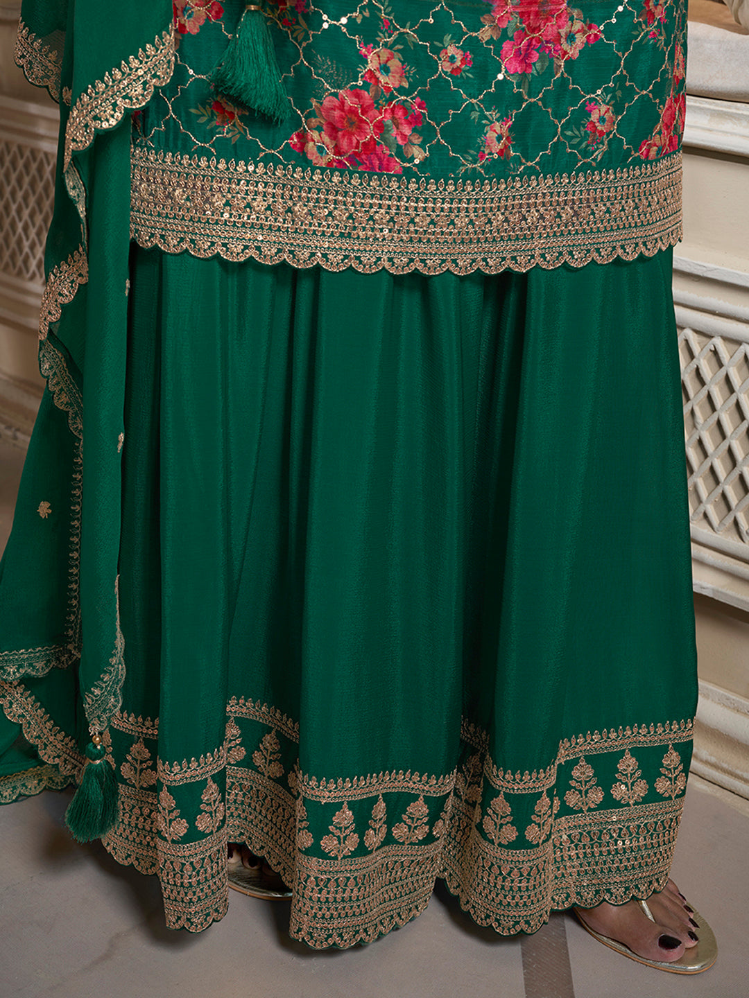 Green Digital Floral Printed Embroidered Sharara Suit Set Product vendor