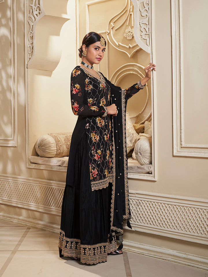 Black Digital Floral Printed Embroidered Sharara Suit Set Product vendor