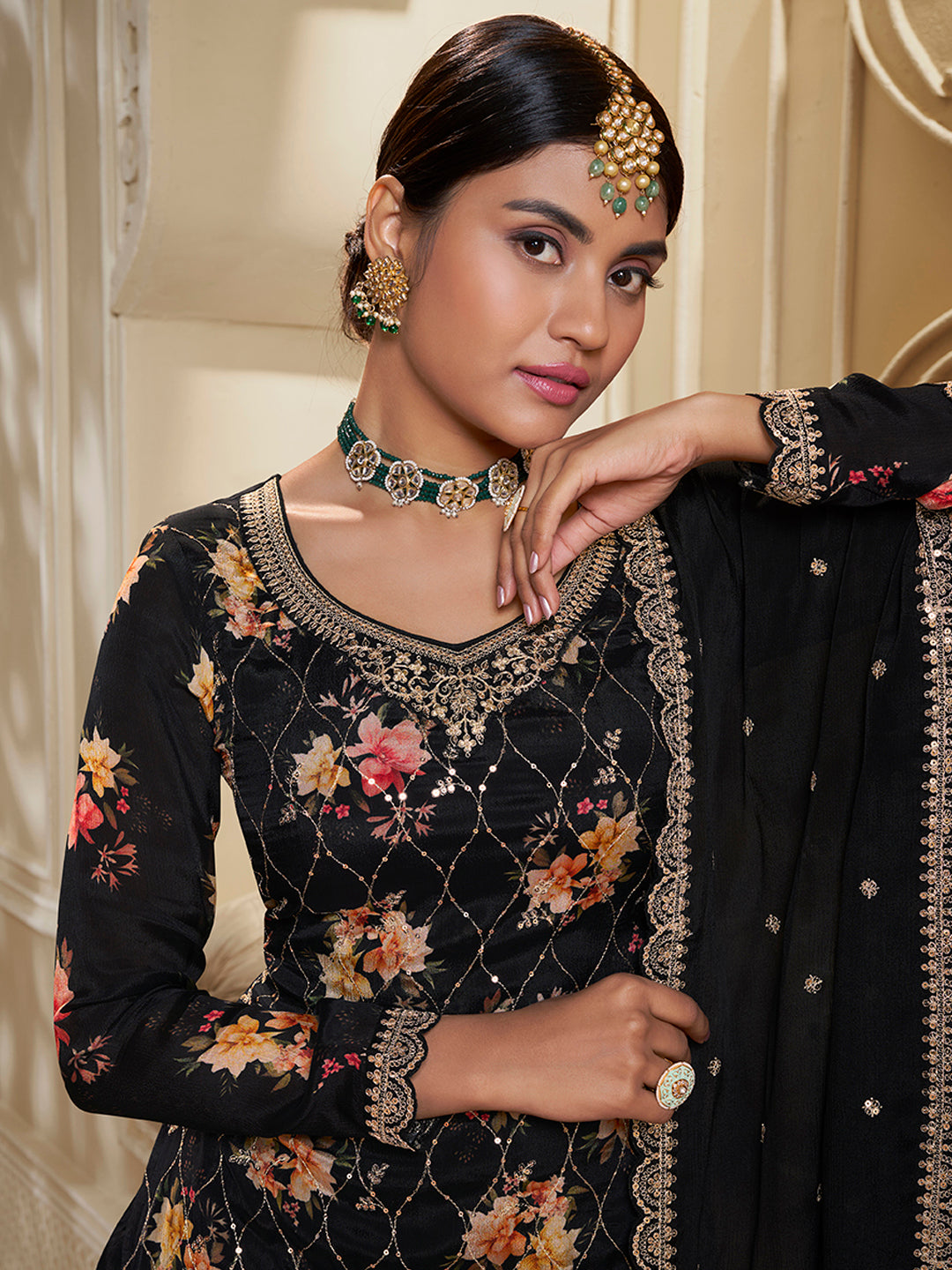 Black Digital Floral Printed Embroidered Sharara Suit Set Product vendor