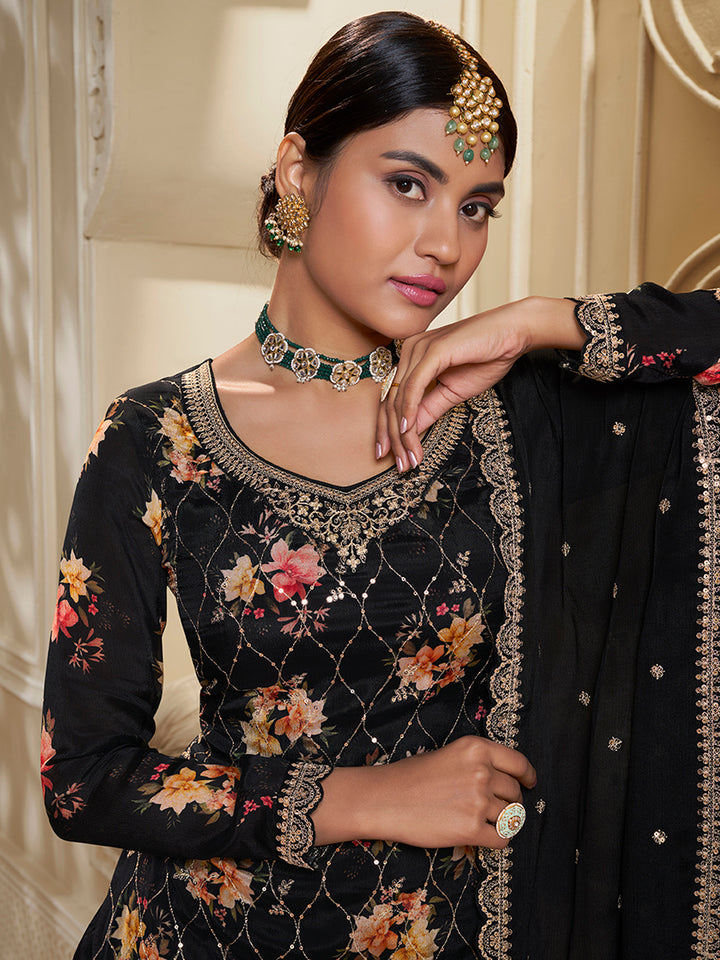 Black Digital Floral Printed Embroidered Sharara Suit Set Product vendor