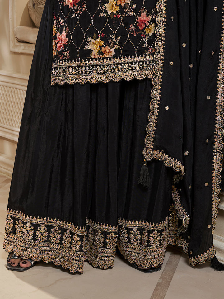 Black Digital Floral Printed Embroidered Sharara Suit Set Product vendor