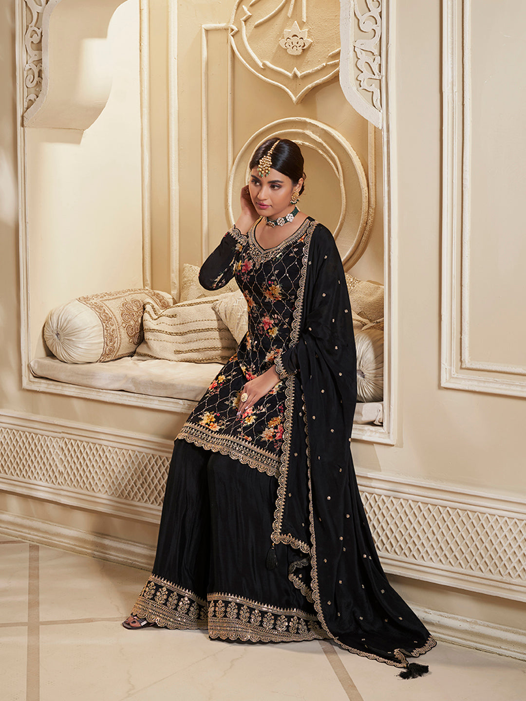Black Digital Floral Printed Embroidered Sharara Suit Set Product vendor