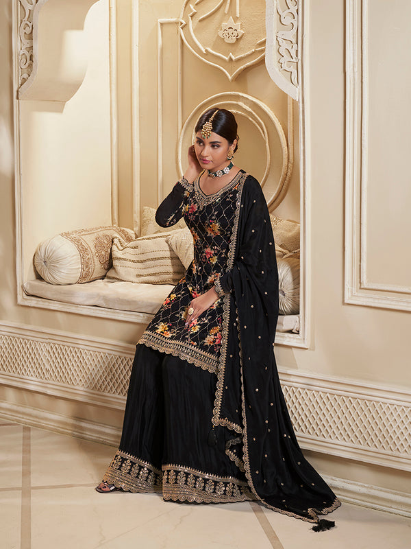 Black Digital Floral Printed Embroidered Sharara Suit Set Product vendor