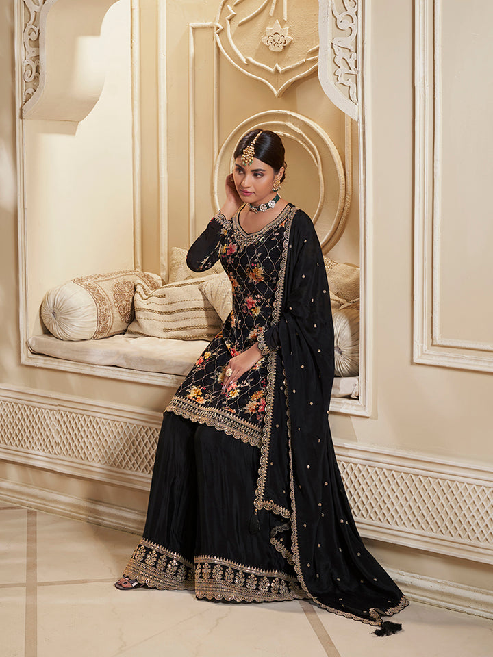 Black Digital Floral Printed Embroidered Sharara Suit Set Product vendor
