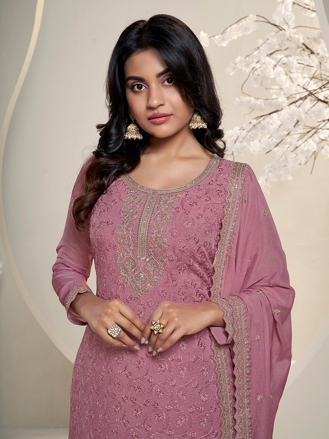 Pink Floral Pattern Schiffli Thread & Sequins Embroidery Kurta Suit Set Product vendor