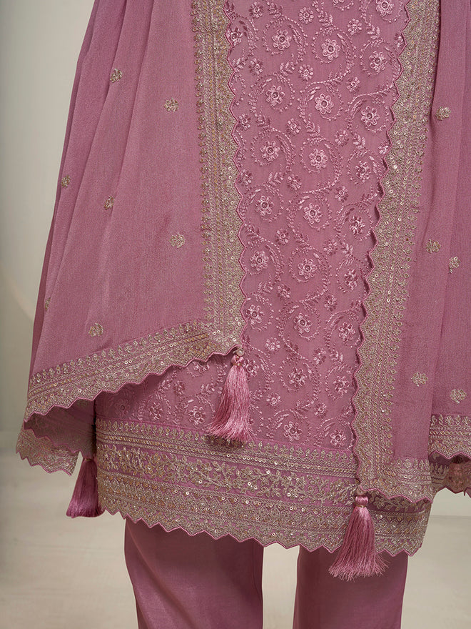 Pink Floral Pattern Schiffli Thread & Sequins Embroidery Kurta Suit Set Product vendor