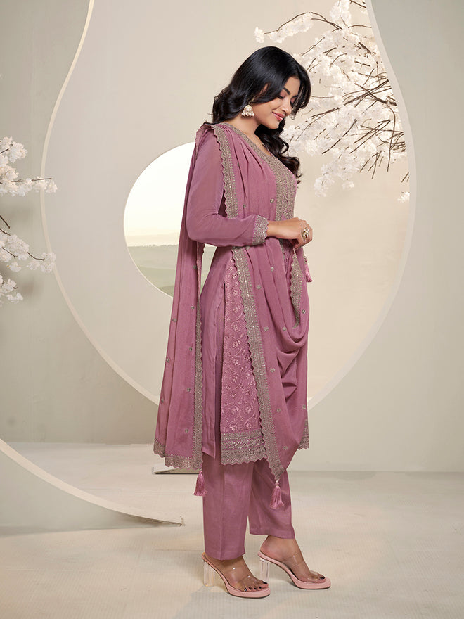 Pink Floral Pattern Schiffli Thread & Sequins Embroidery Kurta Suit Set Product vendor