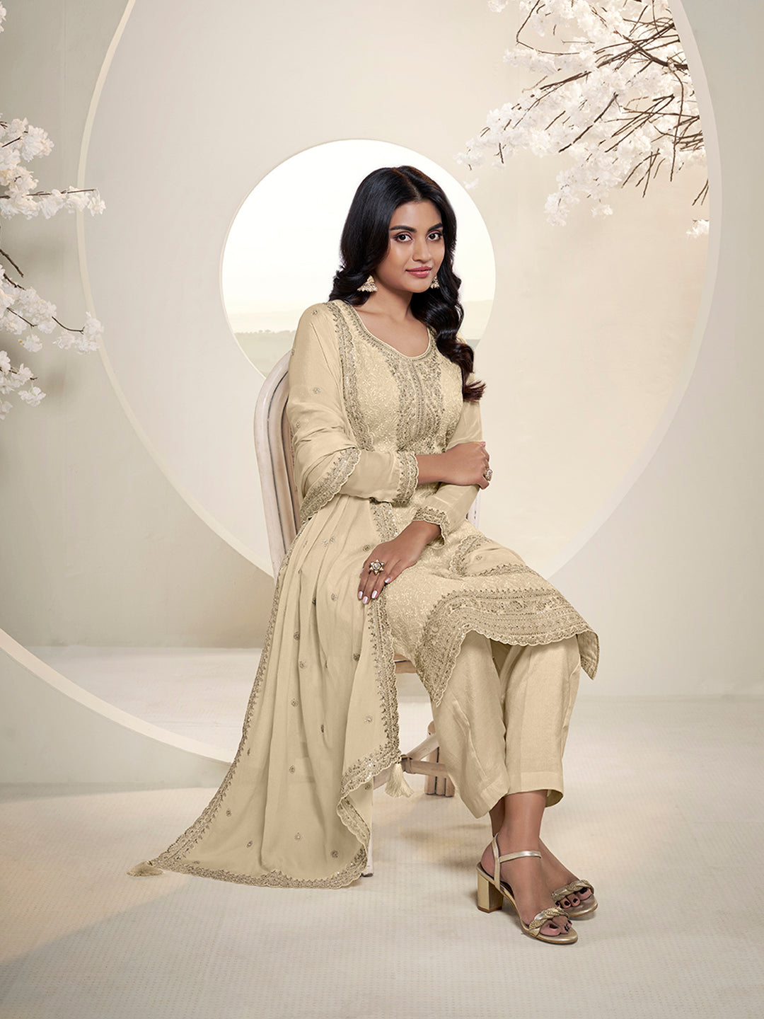 Copy of Pink Floral Pattern Schiffli Thread & Sequins Embroidery Kurta Suit Set Product vendor