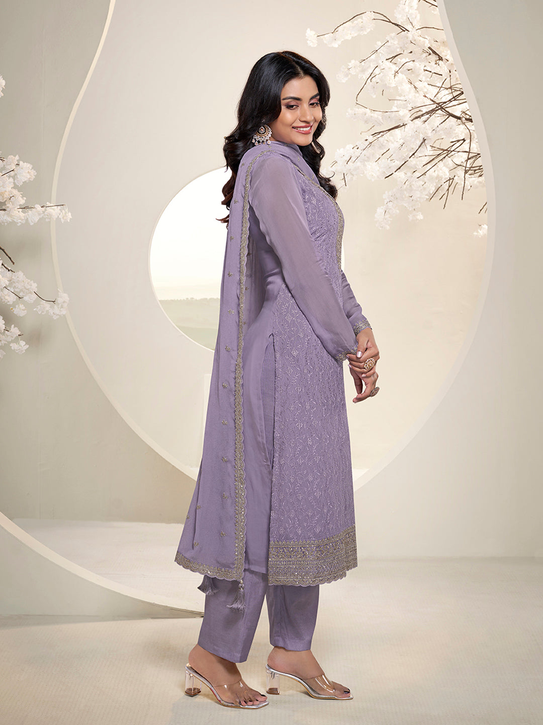 Copy of Off White Floral Pattern Schiffli Thread & Sequins Embroidery Kurta Suit Set Product vendor