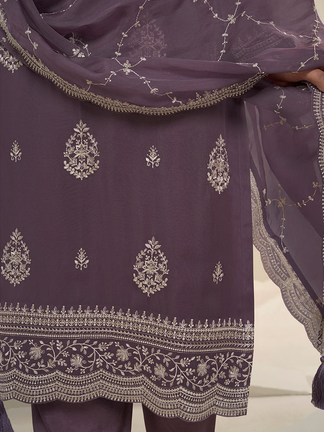 Dark Purple Lucknowi Thread & Sequins Embroidery Kurta Suit Set Product vendor