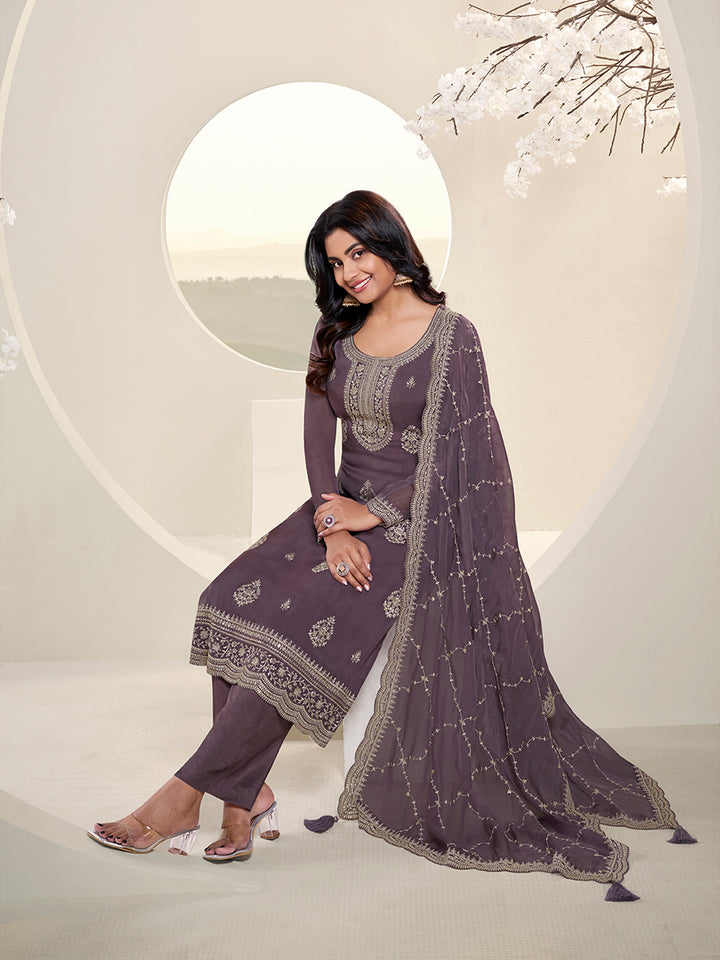 Dark Purple Lucknowi Thread & Sequins Embroidery Kurta Suit Set Product vendor