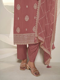 Metallic Peach Lucknowi Thread & Sequins Embroidery Kurta Suit Set Product vendor