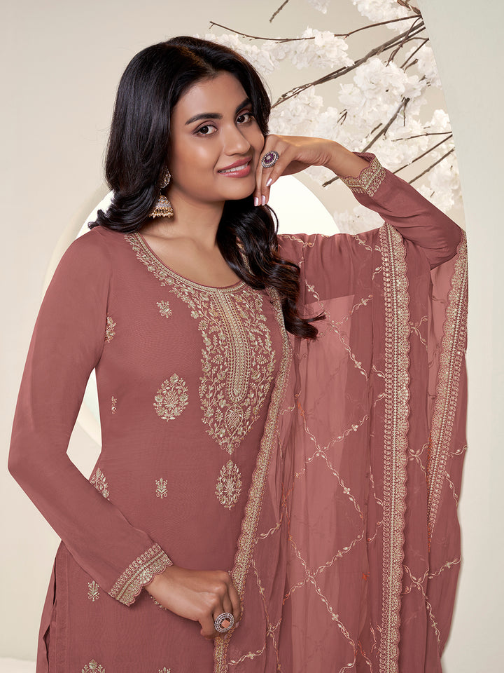 Metallic Peach Lucknowi Thread & Sequins Embroidery Kurta Suit Set Product vendor