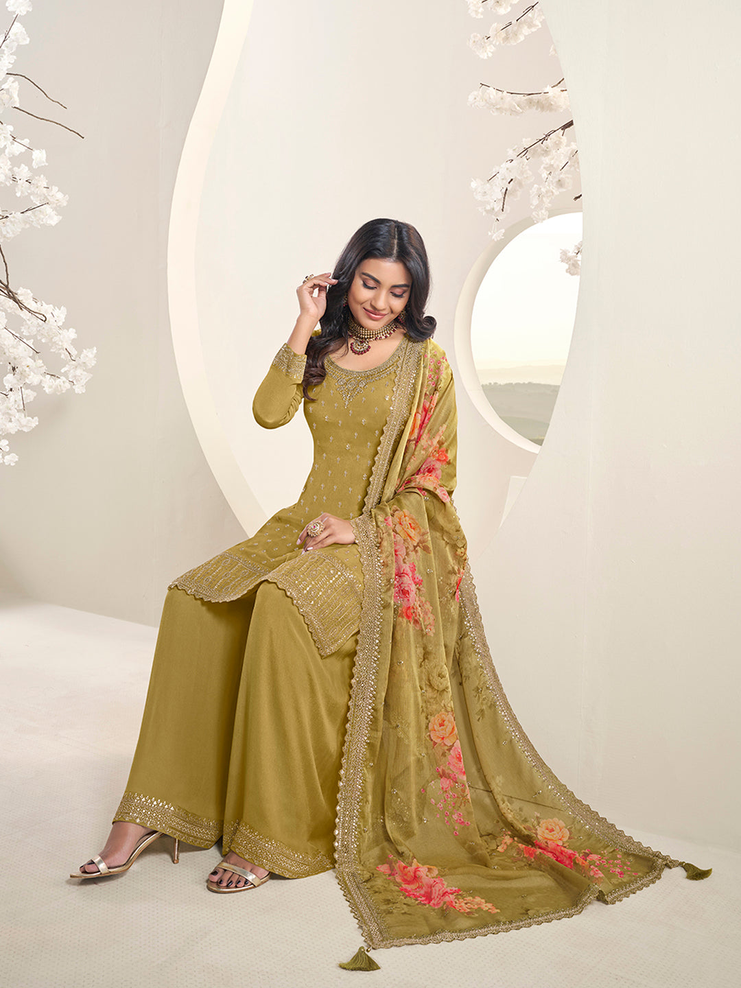 Meganta Butti Floral pattern Sequins Embroidered Sharara Suit Set Product vendor