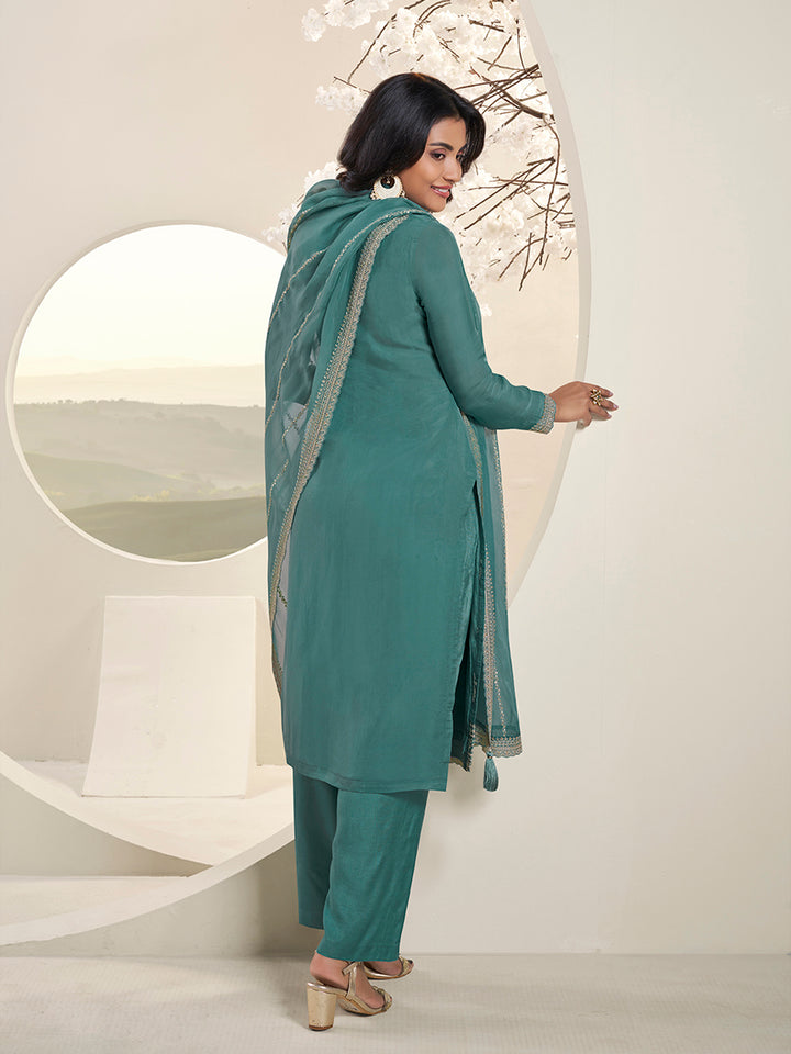 Turqouise Lucknowi Thread & Sequins Embroidery Kurta Suit Set Product vendor
