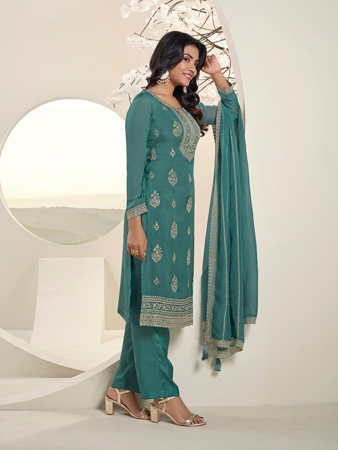 Turqouise Lucknowi Thread & Sequins Embroidery Kurta Suit Set Product vendor