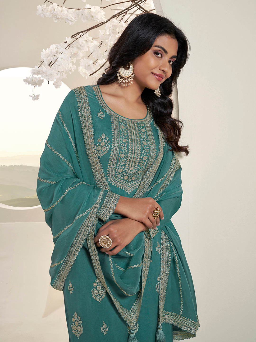 Turqouise Lucknowi Thread & Sequins Embroidery Kurta Suit Set Product vendor