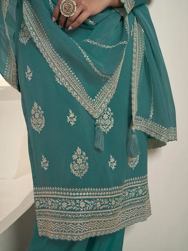Turqouise Lucknowi Thread & Sequins Embroidery Kurta Suit Set Product vendor