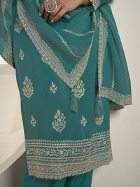 Turqouise Lucknowi Thread & Sequins Embroidery Kurta Suit Set Product vendor