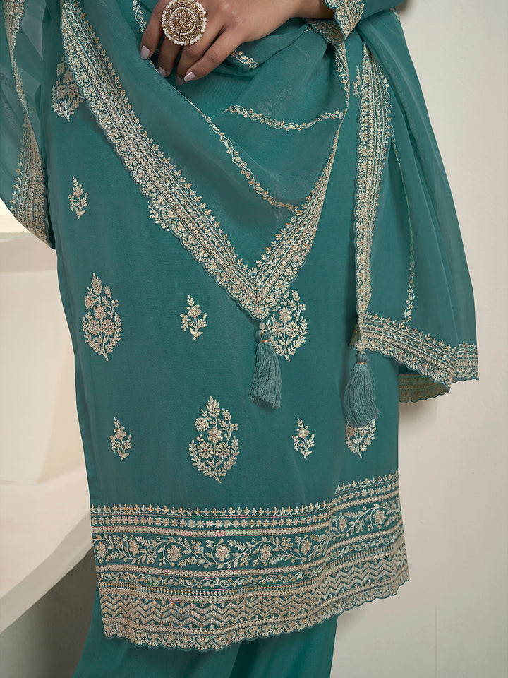 Turqouise Lucknowi Thread & Sequins Embroidery Kurta Suit Set Product vendor