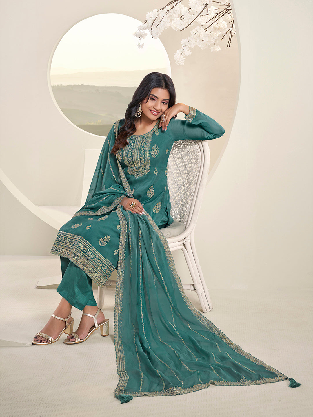 Turqouise Lucknowi Thread & Sequins Embroidery Kurta Suit Set Product vendor