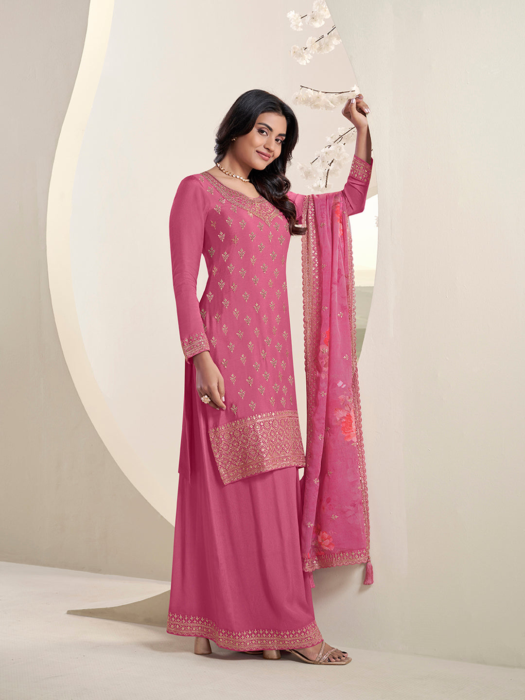 Pink Butti Floral pattern Sequins Embroidered Sharara Suit Set Product vendor