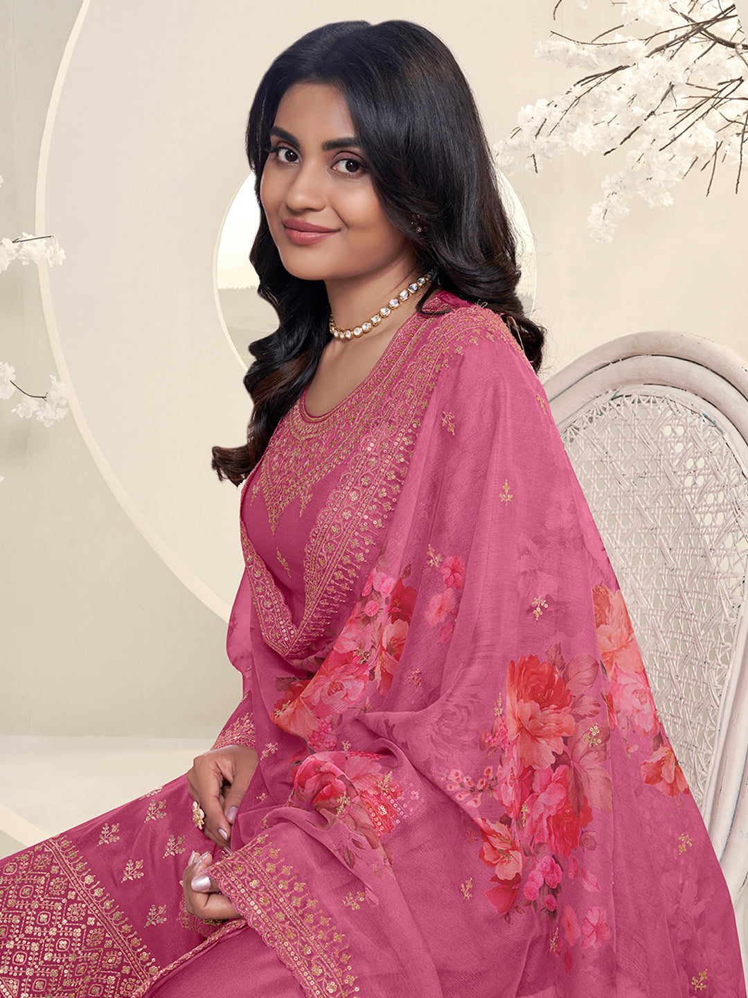 Pink Butti Floral pattern Sequins Embroidered Sharara Suit Set Product vendor