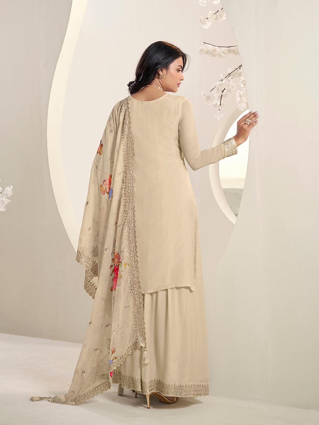 Off-white Butti Floral pattern Sequins Embroidered Sharara Suit Set Product vendor