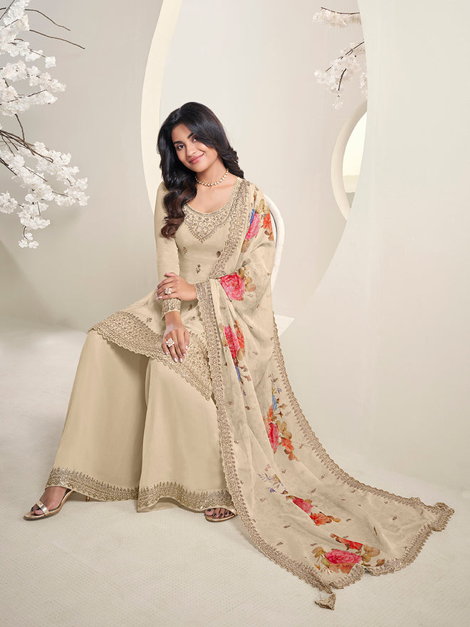 Off-white Butti Floral pattern Sequins Embroidered Sharara Suit Set Product vendor