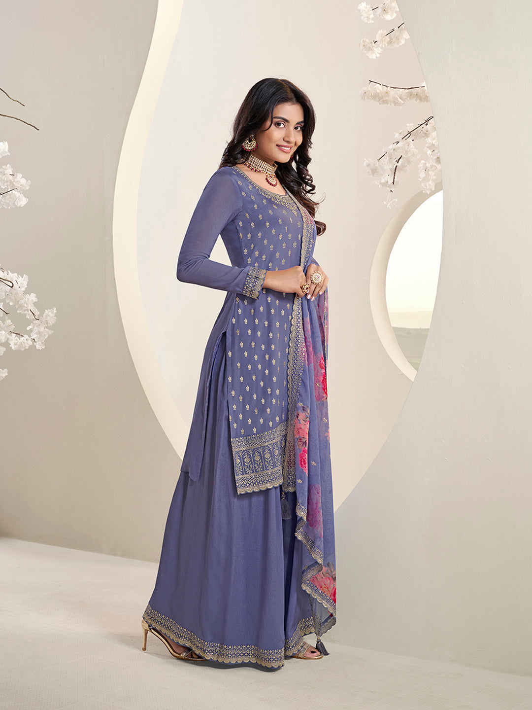 Purple Butti Floral pattern Sequins Embroidered Sharara Suit Set Product vendor