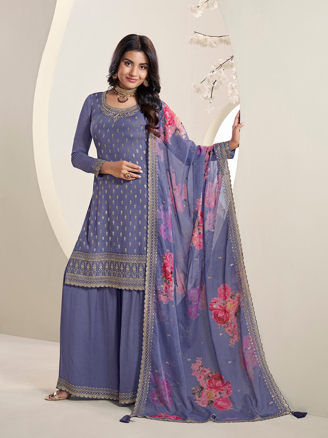 Purple Butti Floral pattern Sequins Embroidered Sharara Suit Set Product vendor