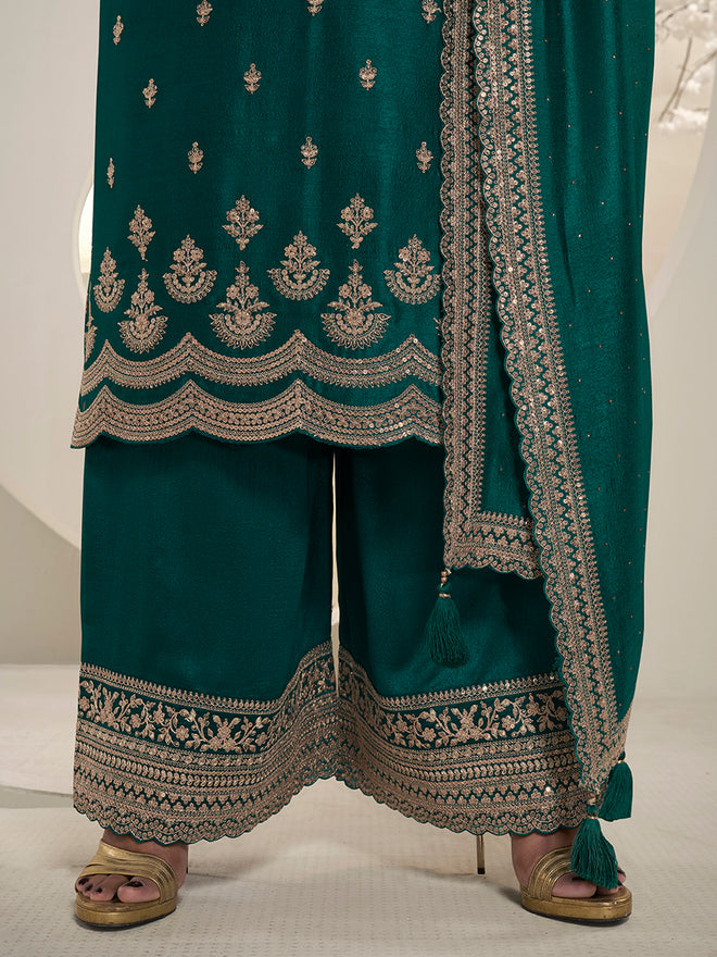 Dark Teal Green Designer Top Adorned with Exquisite Embroidered Palazzo Suit Set Product vendor