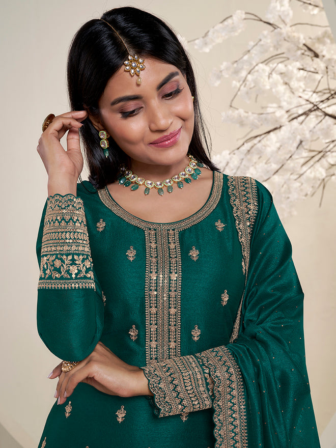 Dark Teal Green Designer Top Adorned with Exquisite Embroidered Palazzo Suit Set Product vendor