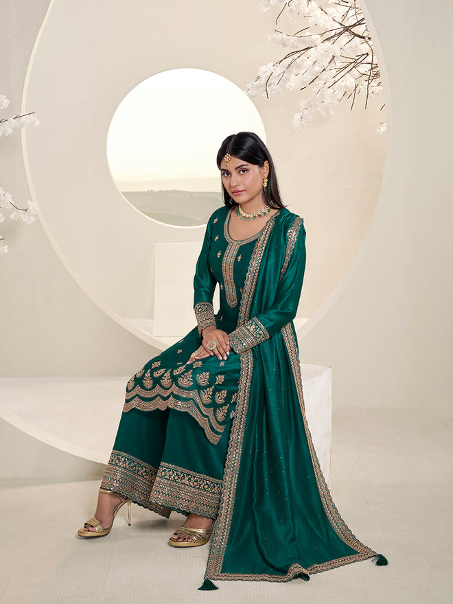 Dark Teal Green Designer Top Adorned with Exquisite Embroidered Palazzo Suit Set Product vendor