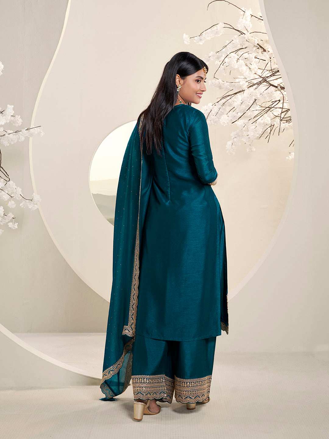 Dark Teal Blue Designer Top Adorned with Exquisite Embroidered Palazzo Suit Set Product vendor