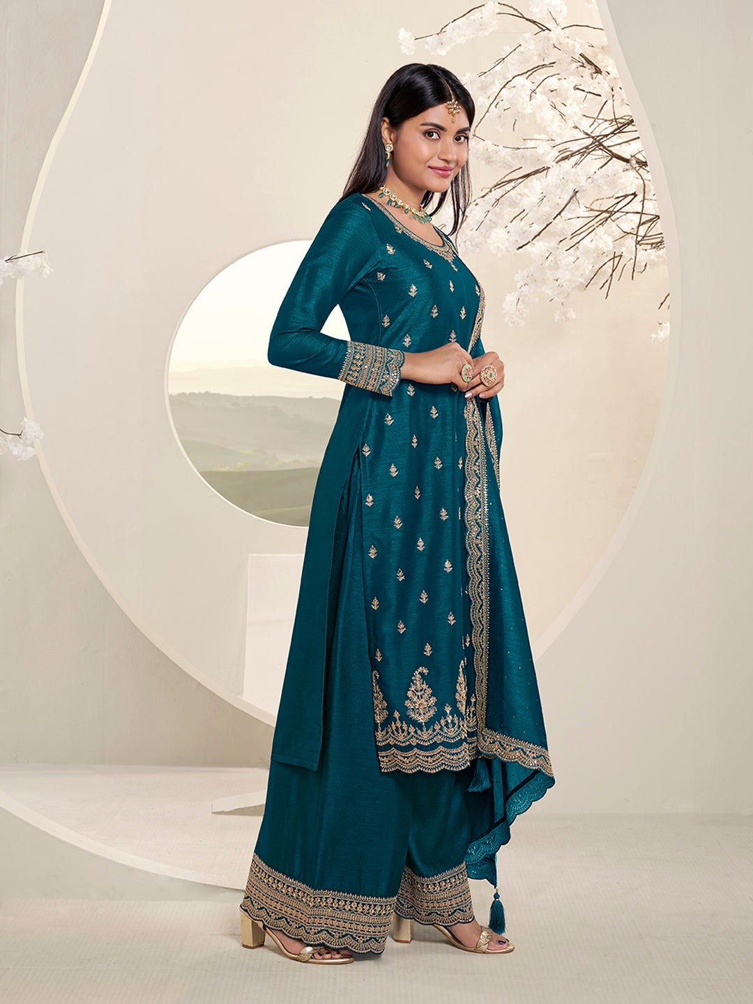 Dark Teal Blue Designer Top Adorned with Exquisite Embroidered Palazzo Suit Set Product vendor