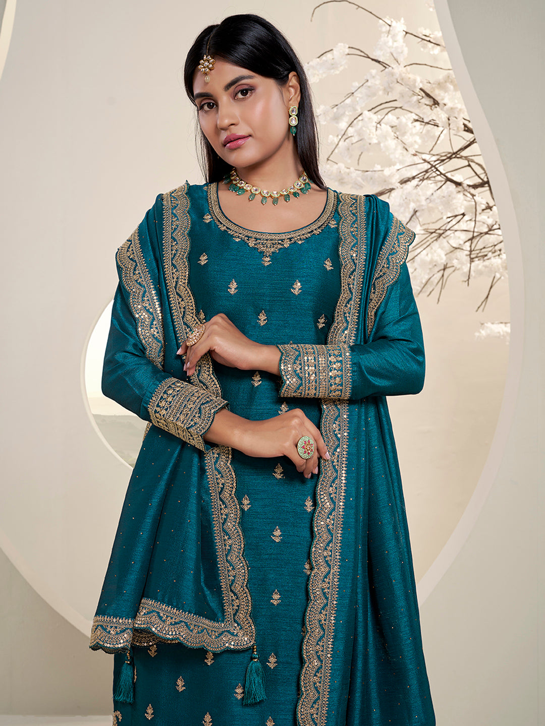 Dark Teal Blue Designer Top Adorned with Exquisite Embroidered Palazzo Suit Set Product vendor