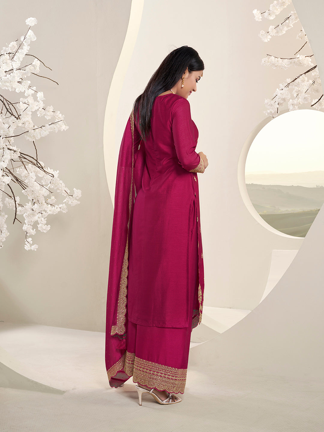 Rani Pink Designer Top Adorned with Exquisite Embroidered Palazzo Suit Set Product vendor