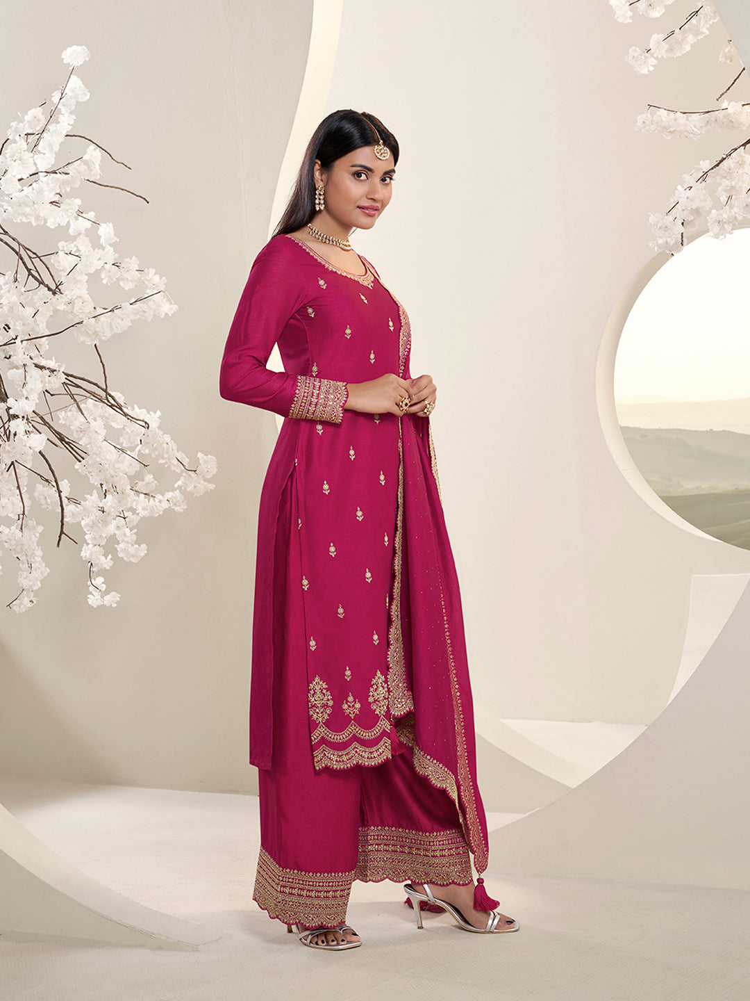 Rani Pink Designer Top Adorned with Exquisite Embroidered Palazzo Suit Set Product vendor