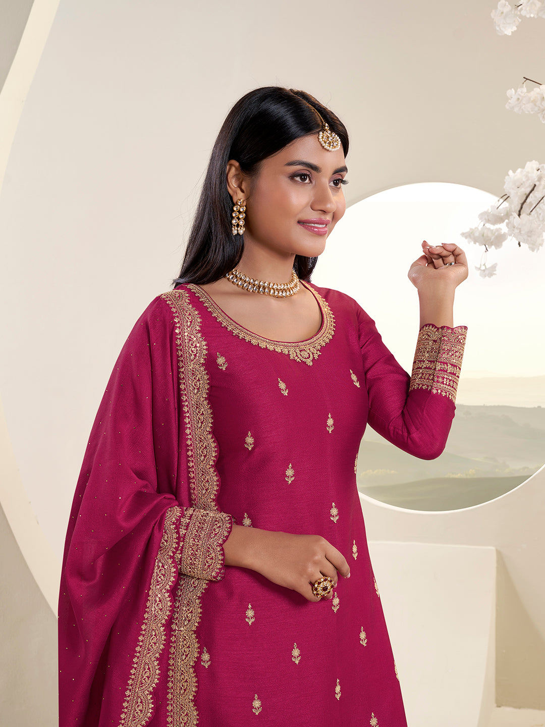Rani Pink Designer Top Adorned with Exquisite Embroidered Palazzo Suit Set Product vendor