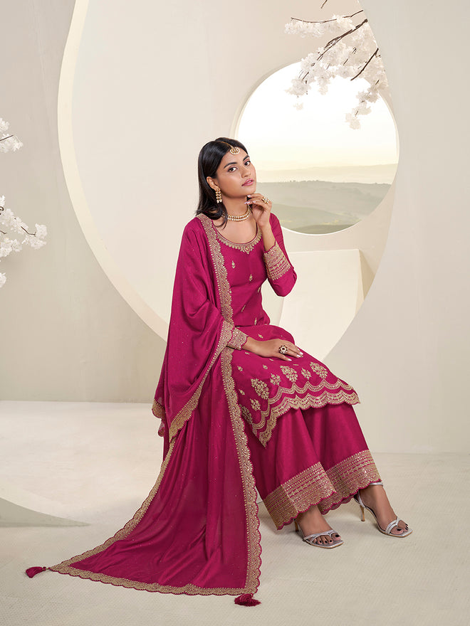 Rani Pink Designer Top Adorned with Exquisite Embroidered Palazzo Suit Set Product vendor