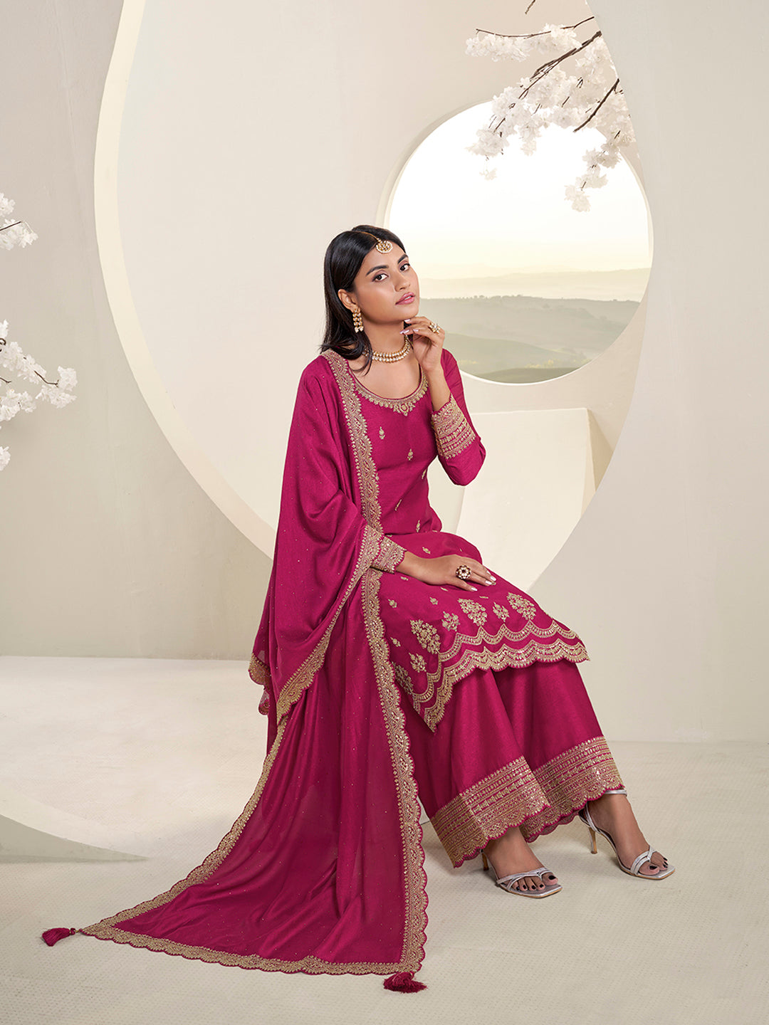 Rani Pink Designer Top Adorned with Exquisite Embroidered Palazzo Suit Set Product vendor