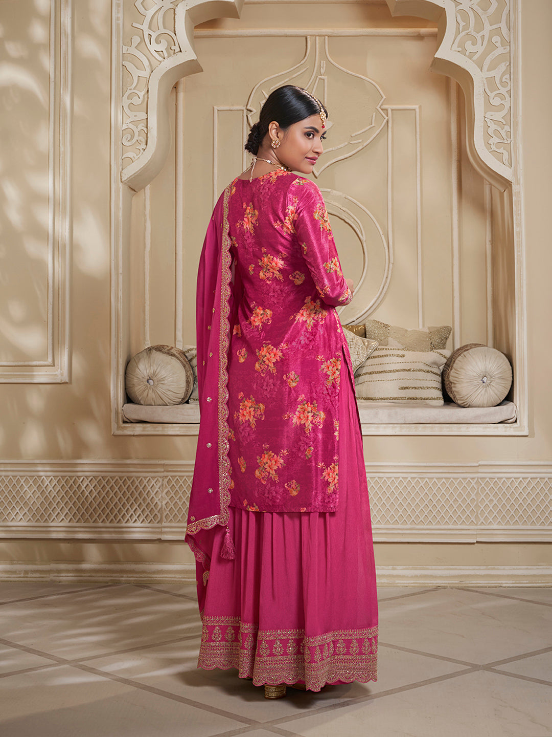 Rani Pink Digital Floral Printed Embroidered Sharara Suit Set Product vendor
