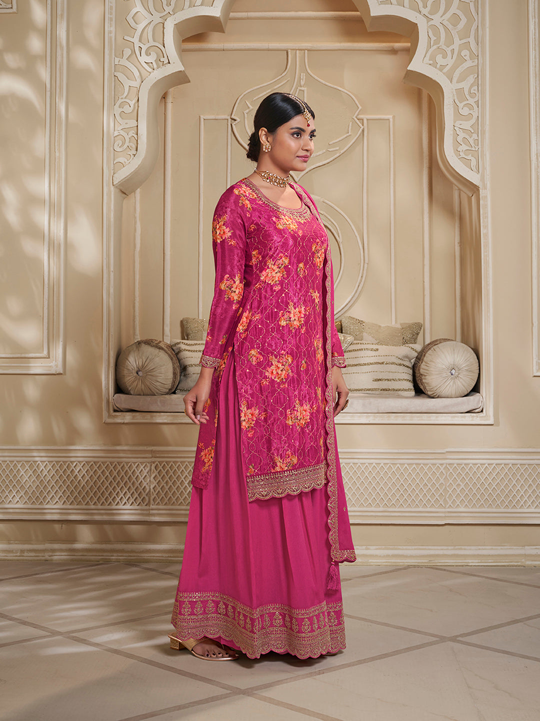 Rani Pink Digital Floral Printed Embroidered Sharara Suit Set Product vendor
