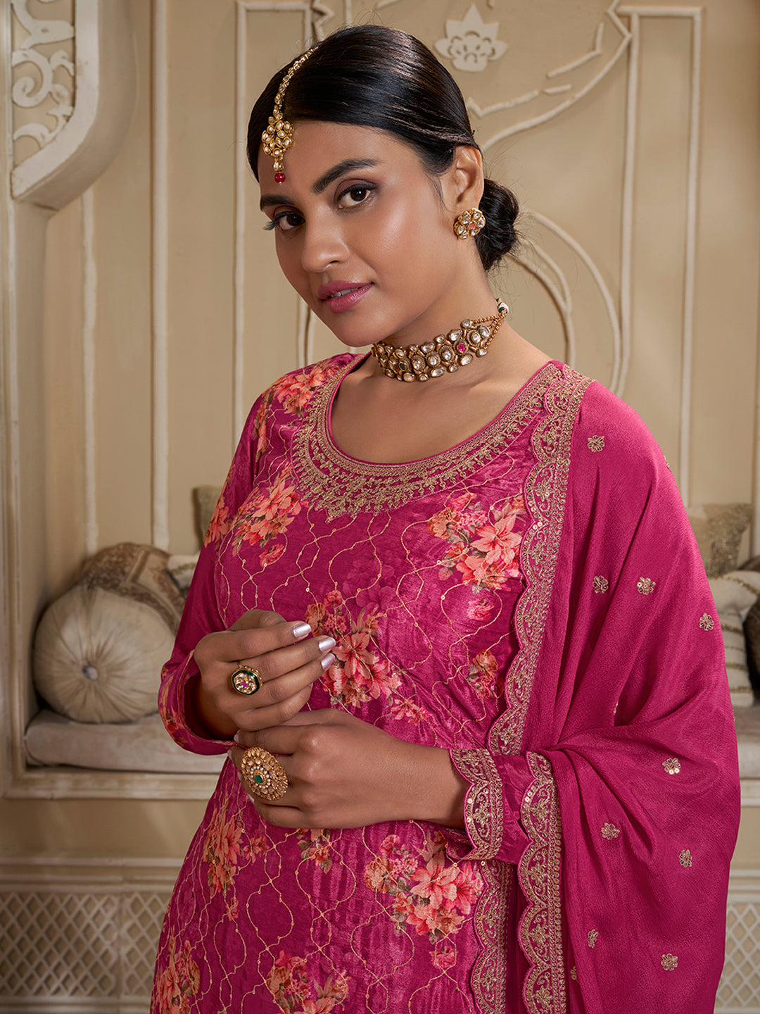 Rani Pink Digital Floral Printed Embroidered Sharara Suit Set Product vendor