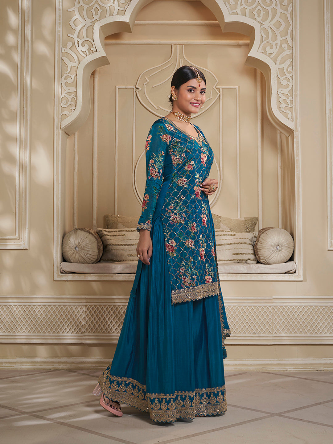 Sapphire Blue Digital Floral Printed Embroidered Sharara Suit Set Product vendor