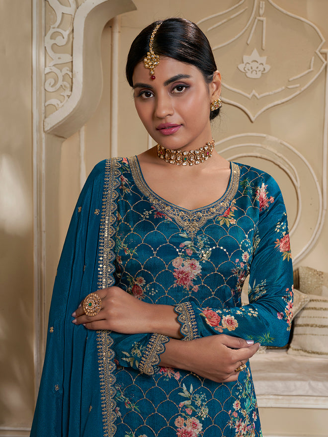 Sapphire Blue Digital Floral Printed Embroidered Sharara Suit Set Product vendor