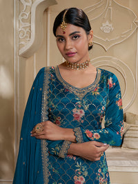 Sapphire Blue Digital Floral Printed Embroidered Sharara Suit Set Product vendor