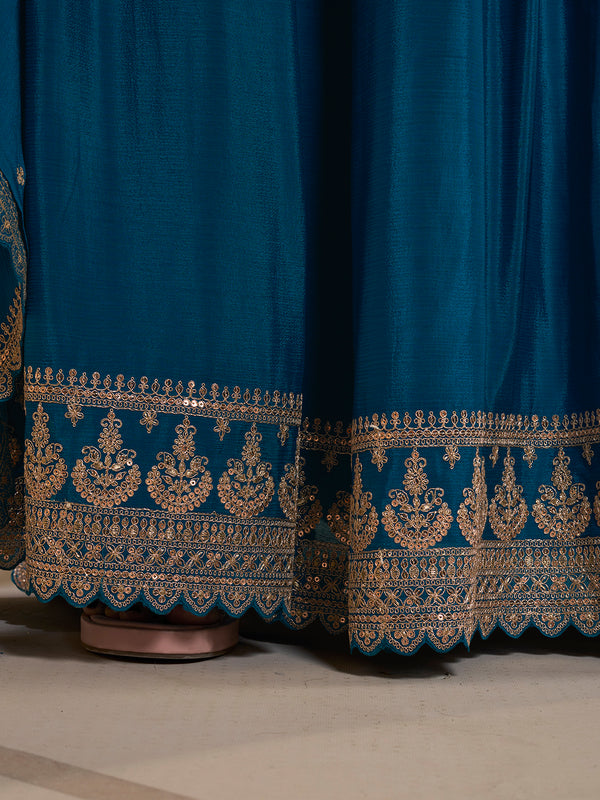 Sapphire Blue Digital Floral Printed Embroidered Sharara Suit Set Product vendor